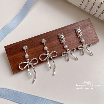 DAIIIBABYYY  -   Korean Fashion Ballet Ribbon Bow-knot Drop Earrings Women INS Silver Plated Pearl Rhinestone Bow Tassel Earring Jewelry